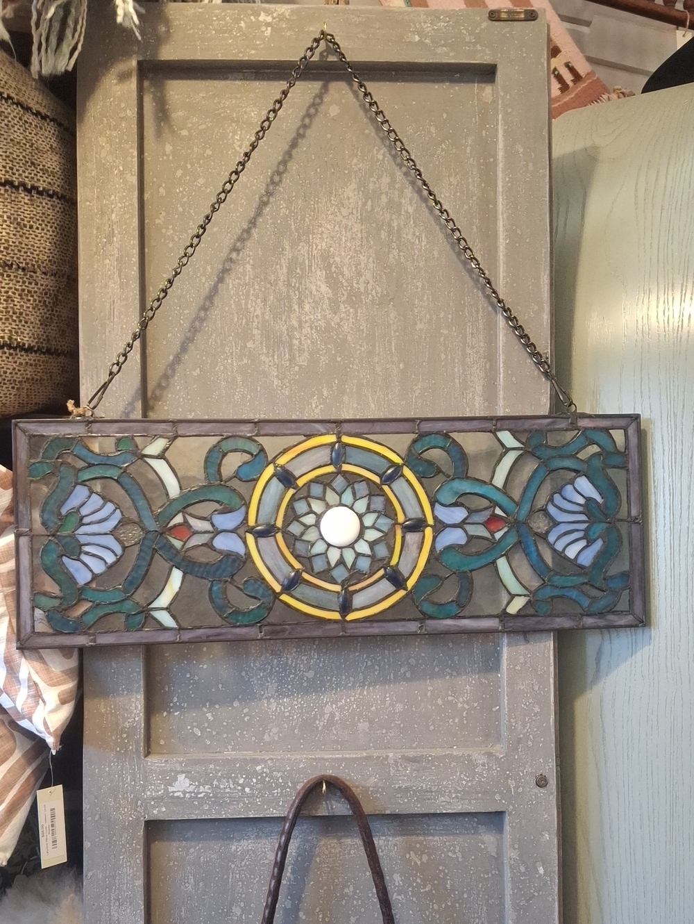 Teal and Yellow Stained Glass Decorative Hanging Mirror Panel
